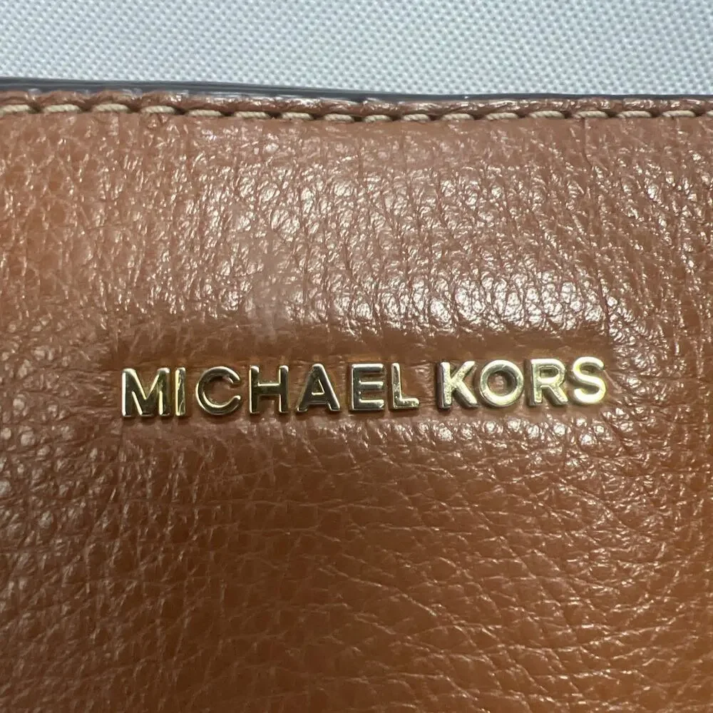 Michael Kors Marina East West Drawstring Tote in Coral Canvas & Tan Leather